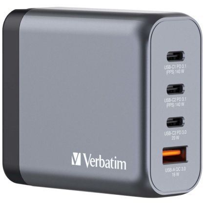 Зарядно устройство Verbatim GNC-140 GaN Charger 4 Port 140W USB A/C (EU/UK/US)