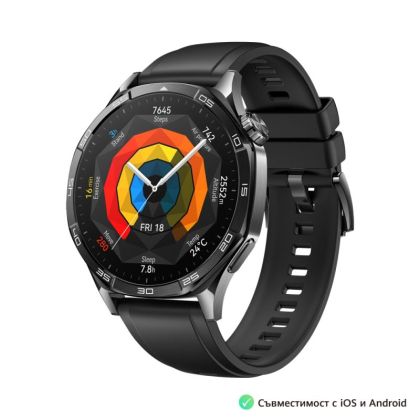 Часовник Huawei Watch GT5 Vili-B19F, 1.43", Amoled 466x466 PPI 326, BT5.2 BLE/BR/EDR, 5ATM, 524mAh, Screenshot sharing, message notifications, Battery life up to 14 days, Compatible with iOS and Android devices, Black Fluoroelastomer +Huawei FreeBuds SE 2