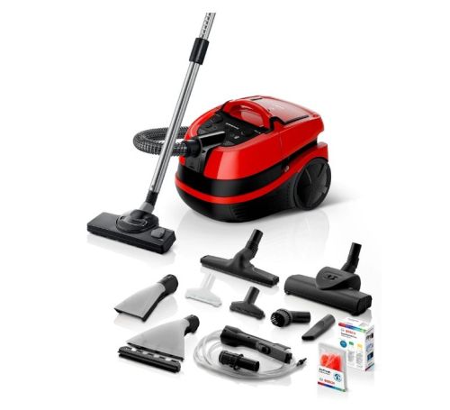Перяща прахосмукачка Bosch BWD421PET, 3in1 vacuum cleaner for dry and wet cleaning, 2,5 lt dust container, 2100 W, HEPA H13, 12 m radius, liquid pick-up nozzles, parquet brush, turbo brush, mattress brush, water tank: 5 l, tornado red-black