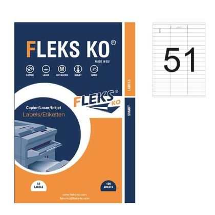 Етикети Fleks Ko Бели, прави ъгли, 70x16.9 mm A4, 100 л. 51 етик./лист
