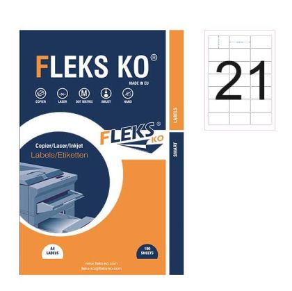 Етикети Fleks Ko Бели, обли ъгли, 63.5x38.1 mm A4, 100 л. 21 етик./лист