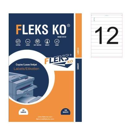 Етикети Fleks Ko Бели, прави ъгли, 210x24 mm A4, 100 л. 12 етик./лист