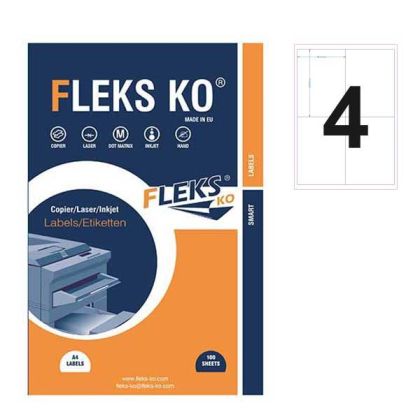 Етикети Fleks Ko Бели, прави ъгли, 99.1x139 mm A4, 100 л. 4 етик./лист
