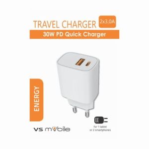 Бързо зарядно за смартфон/таблет USB-A 2.4A + USB-C 3.0A, 20W, Бял