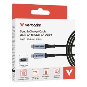 Кабел Verbatim Sync & Charge USB-C to USB-C 240W 40 Gbps Display 120 cm