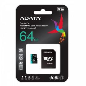 Памет Adata 64GB MicroSDXC UHS-I U3 V30S A2 (1 adapter)