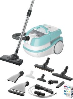 Перяща прахосмукачка Bosch BWD420HYG, 3in1 vacuum cleaner for dry and wet cleaning, 2,5 lt dust container, 2000 W, HEPA H13, 12 m radius, liquid pick-up nozzles, parquet brush, mattress brush, water tank: 5 l, mint-white-grey