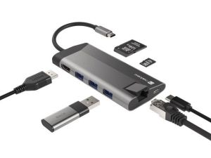 Адаптер Natec Fowler Plus Multiport Adapter 8 in 1, USB 3.0 HUB, HDMI 4K, USB-C PD, RJ45, SD, Micro