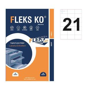 Етикети Fleks Ko Бели, прави ъгли, 70x42.3 mm A4, 100 л. 21 етик./лист